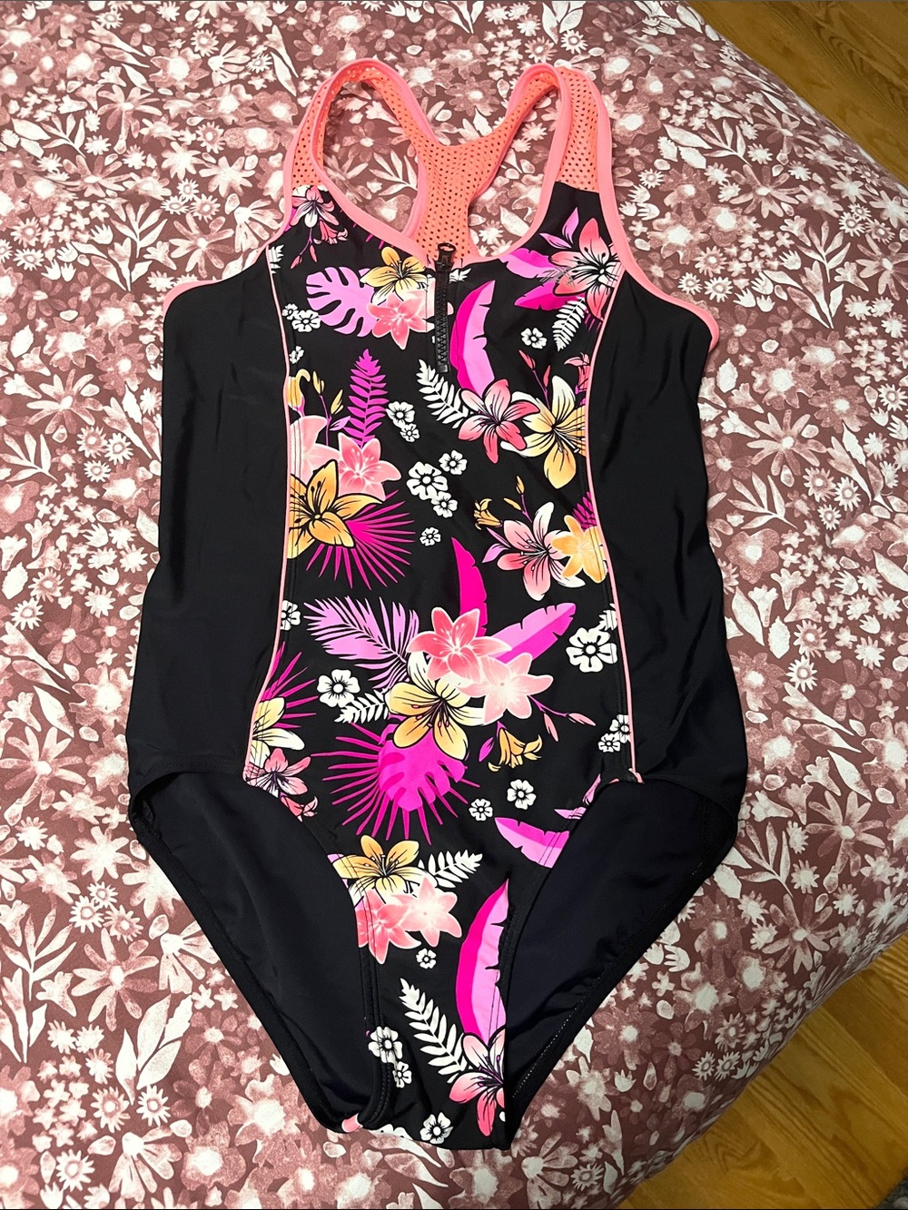 ZeroXposur Black Floral One-Piece Swimsuit with Pink and Yellow Accents